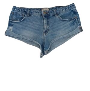 Free People ~ High Rise Distressed Denim Cutoff Cheeky Shorts, Size 29